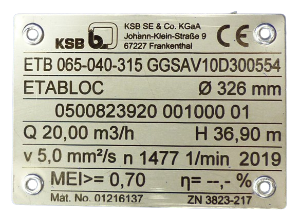 Example: How to read a pump nameplate